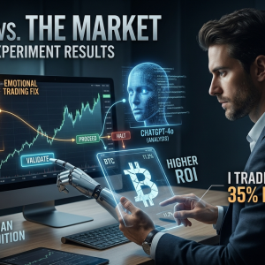 A high-contrast cinematic image showing a human hand hesitating on a red sell button and a robotic AI arm confidently pushing a green hold button on a rising Bitcoin chart, symbolizing AI decision validation in 2026.