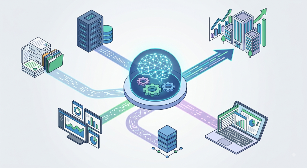 A newly built, original isometric vector illustration showing five distinct data integration pathways connecting various enterprise data silos—like SQL databases, spreadsheets, FTP files, and dashboards—to a central AI intelligence hub, completely free of text or watermarks.