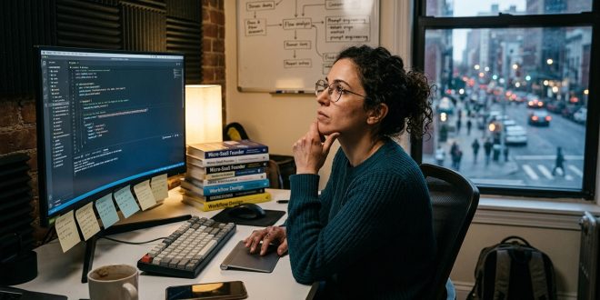 A developer sitting at a home office desk analyzing code and an AI workflow diagram on a whiteboard, with an urban city street visible through the window.