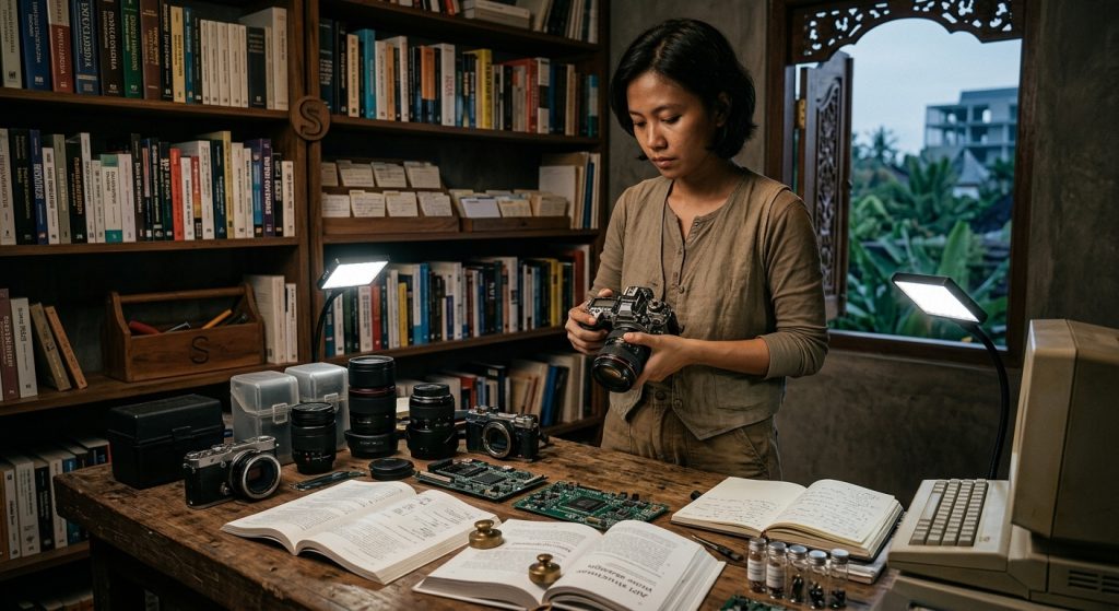 Seorang wanita sedang duduk di meja kerja sambil memegang kamera, dikelilingi oleh beberapa lensa kamera, buku yang terbuka, dan komputer antik, dengan latar belakang rak buku dan jendela.