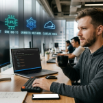 Developer working on a Mac at a desk with code editor screens, featuring glowing icons for Gemini, Groq, OpenRouter, and Cloudflare free AI APIs.