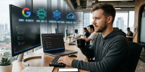 Developer working on a Mac at a desk with code editor screens, featuring glowing icons for Gemini, Groq, OpenRouter, and Cloudflare free AI APIs.