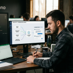 A candid photograph of a software developer at a workspace, focused on a monitor displaying the Catalyst AI architecture, which unifies scattered enterprise data sources like SQL databases, Excel spreadsheets, and dashboards into a single conversational interface.