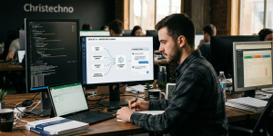 A candid photograph of a software developer at a workspace, focused on a monitor displaying the Catalyst AI architecture, which unifies scattered enterprise data sources like SQL databases, Excel spreadsheets, and dashboards into a single conversational interface.