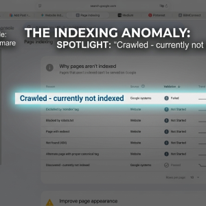 Google Search Console screenshot where the background is dimmed, with a sharp visual spotlight and glowing border intensely highlighting the row showing "Crawled - currently not indexed," emphasizing it as the primary technical issue discussed in the article.