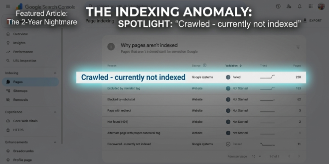 Google Search Console screenshot where the background is dimmed, with a sharp visual spotlight and glowing border intensely highlighting the row showing "Crawled - currently not indexed," emphasizing it as the primary technical issue discussed in the article.