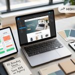 A modern desk setup showing an open laptop displaying a clean e-commerce website design, a tablet with wireframe conversions, and a notebook titled AI Branding Stack, representing a complete set of free tools for online store creation.