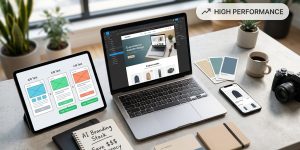 A modern desk setup showing an open laptop displaying a clean e-commerce website design, a tablet with wireframe conversions, and a notebook titled AI Branding Stack, representing a complete set of free tools for online store creation.
