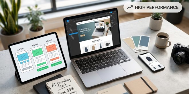 A modern desk setup showing an open laptop displaying a clean e-commerce website design, a tablet with wireframe conversions, and a notebook titled AI Branding Stack, representing a complete set of free tools for online store creation.