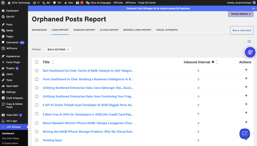 Orphaned posts menu on link whisper wordpress plugin